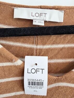 LOFT Camel and Cream Striped Crewneck Sweater